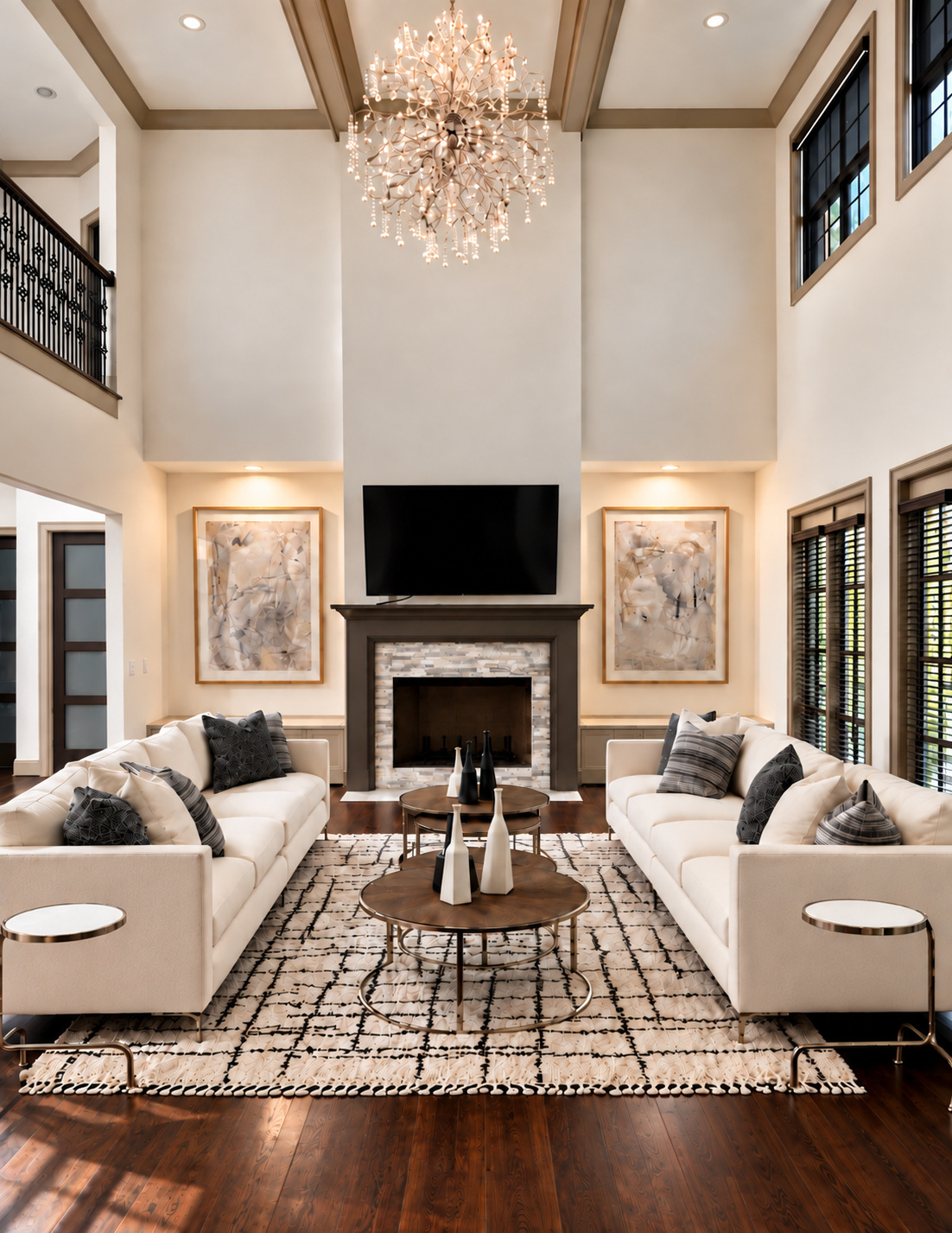 Double-height living room by Milton Miller Interiors with facing sofas and a crystal chandelier