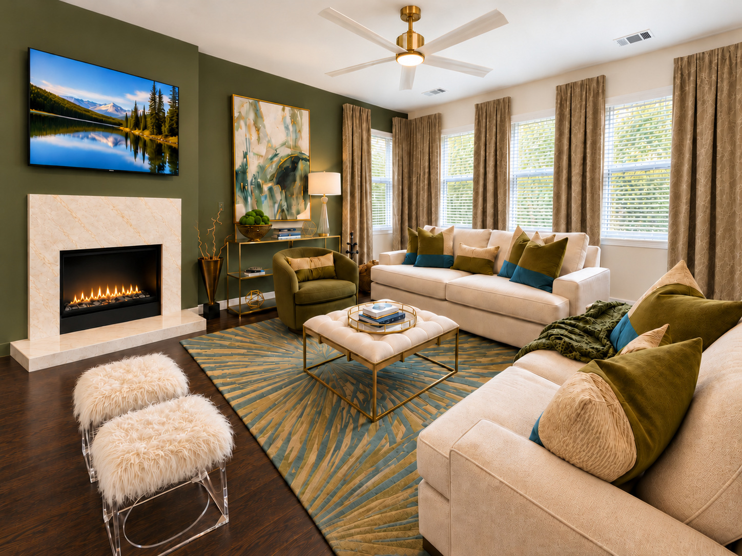 An expressive living room by Milton Miller, with olive walls, layered textiles, and a marble fireplace