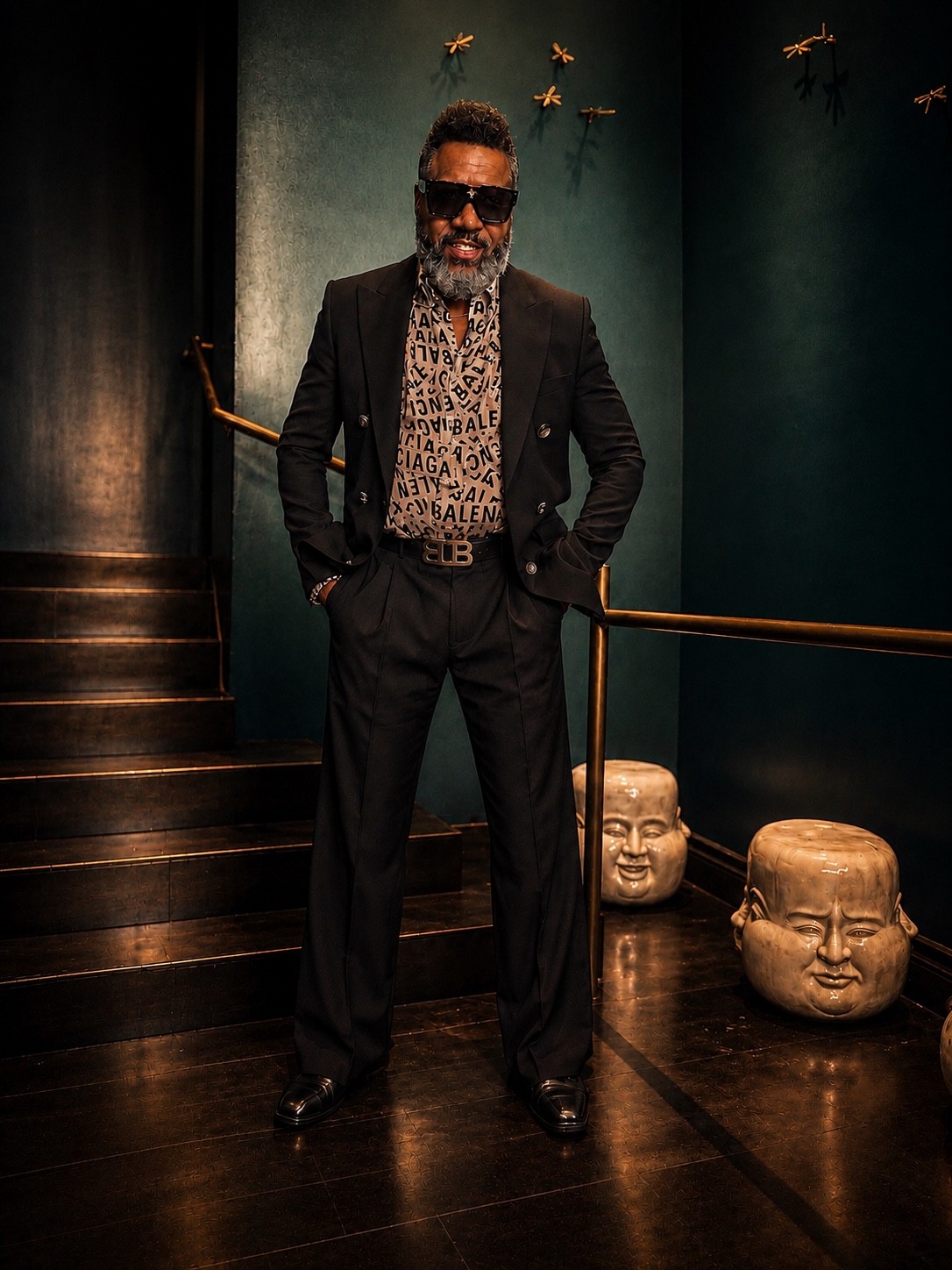 Milton Miller in a tailored black suit against a dramatic green interior
