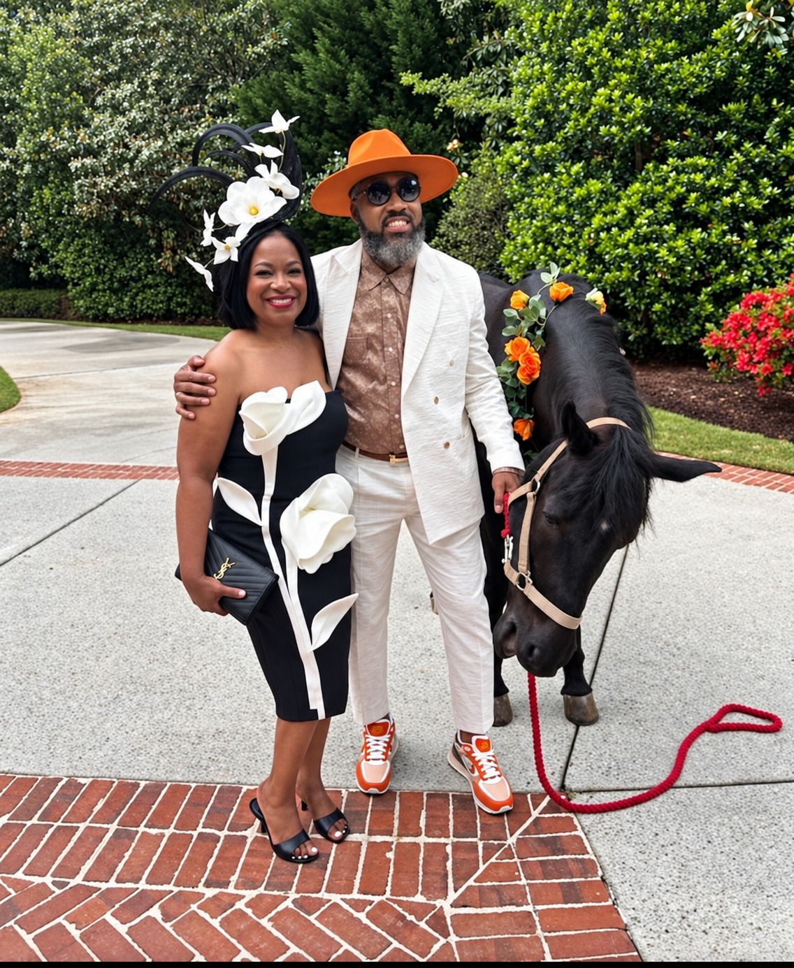 Dr. Milton Miller Jr. and a guest in garden-party attire beside a pony