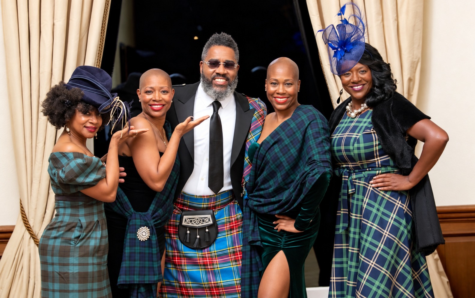 Dr. Milton Miller Jr. celebrating with four guests in tartan attire