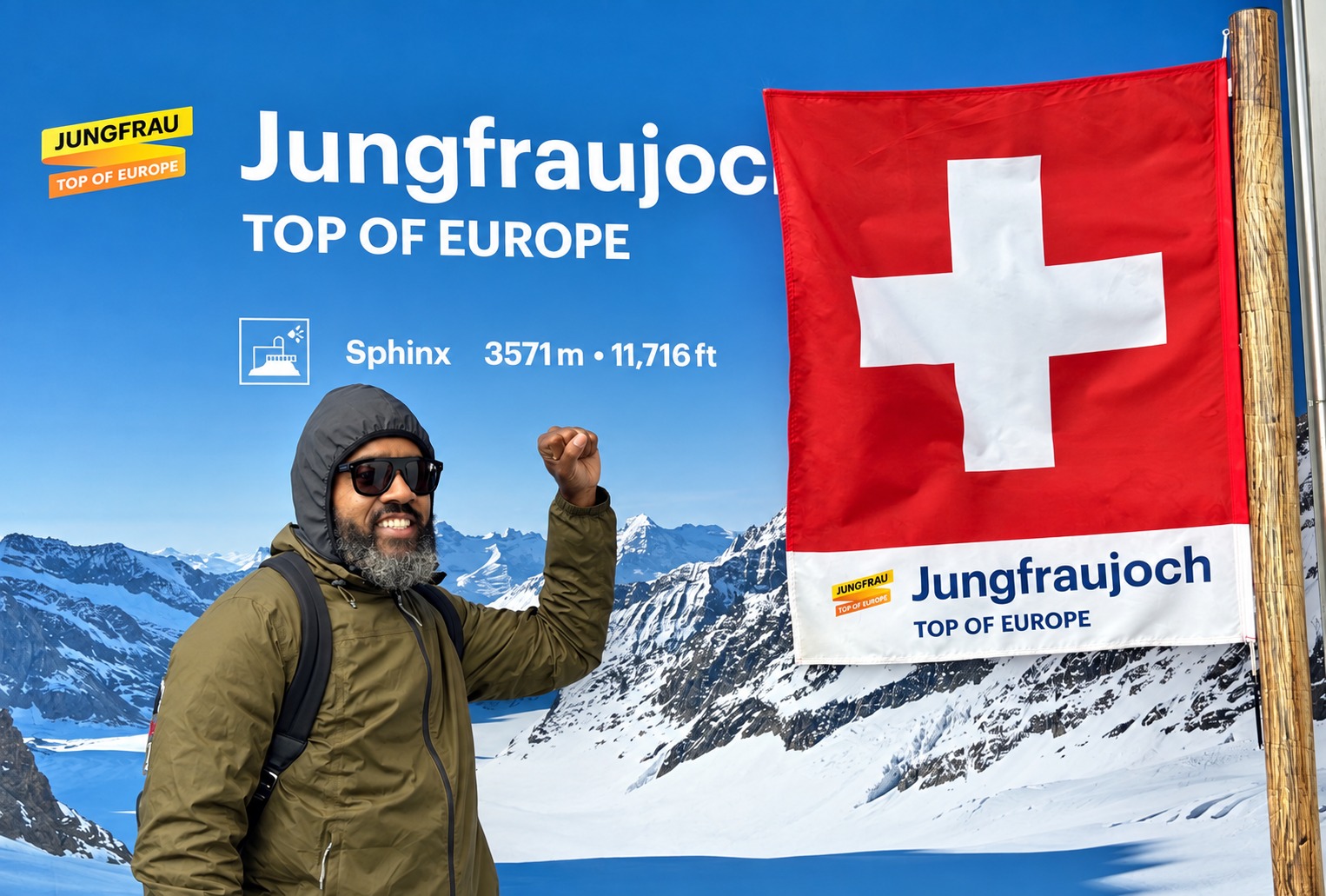 Dr. Milton Miller Jr. beside a Swiss flag at Jungfraujoch
